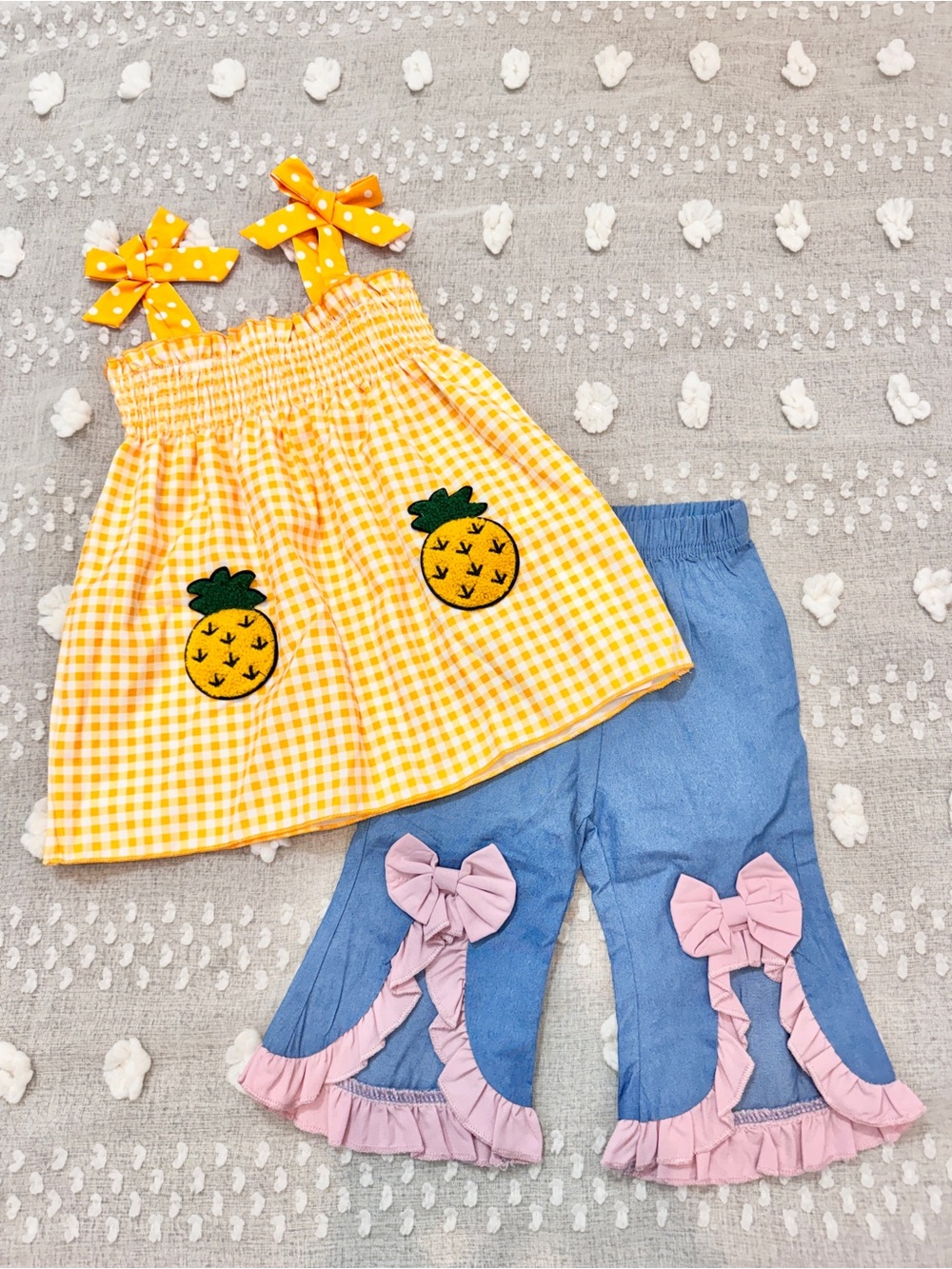 Boutique Coquette Toddler Outfit Set Gingham Pineapple Denim Ruffle NWT D65